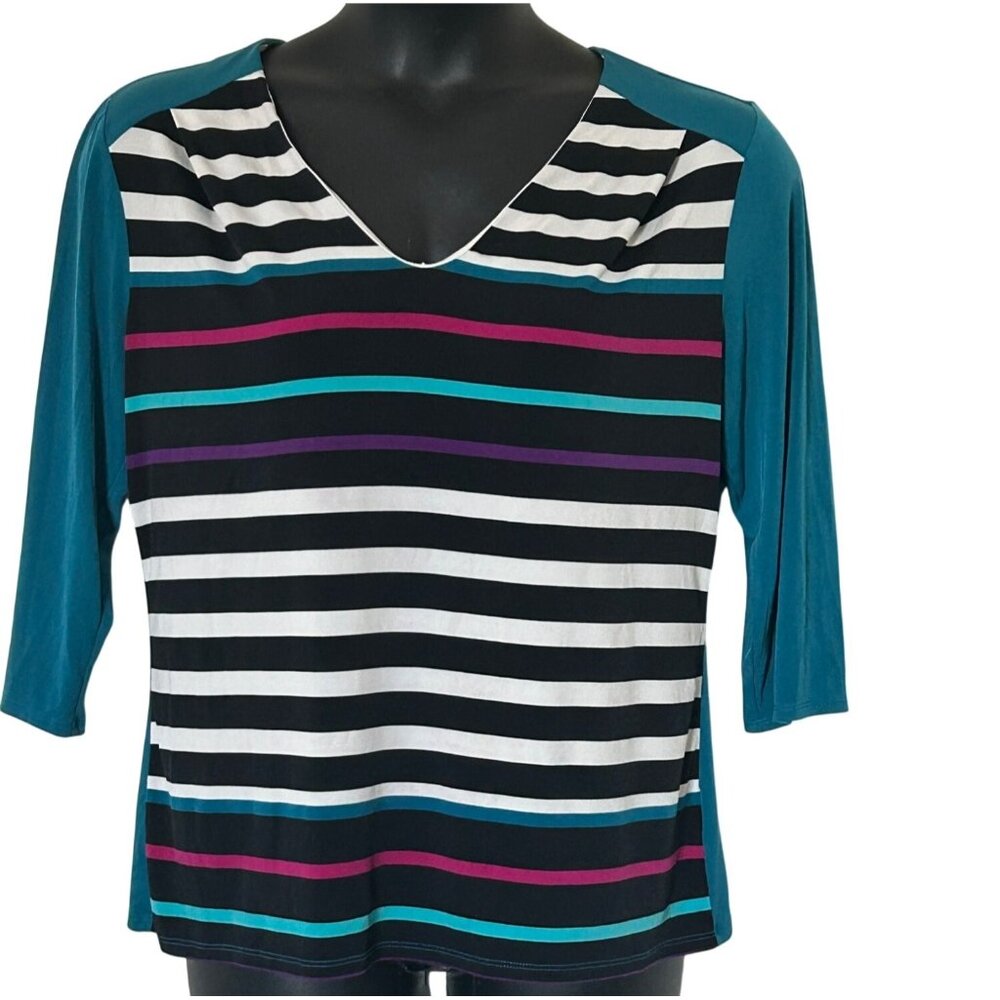 Multicolor Striped V-Neck 3/4 Sleeve Top With Teal Back & Sleeves